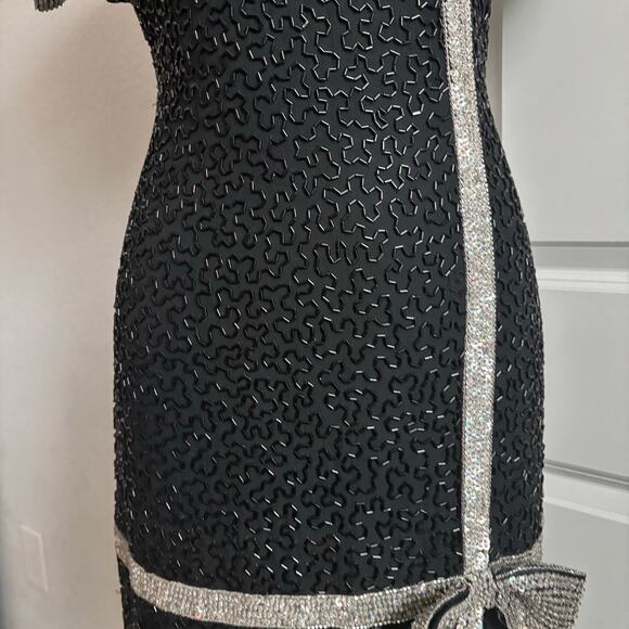 VTG 80s Saks Fifth Avenue Black Silk Beaded Nights Cocktail Bow Dress S Holiday - Picture 14 of 14